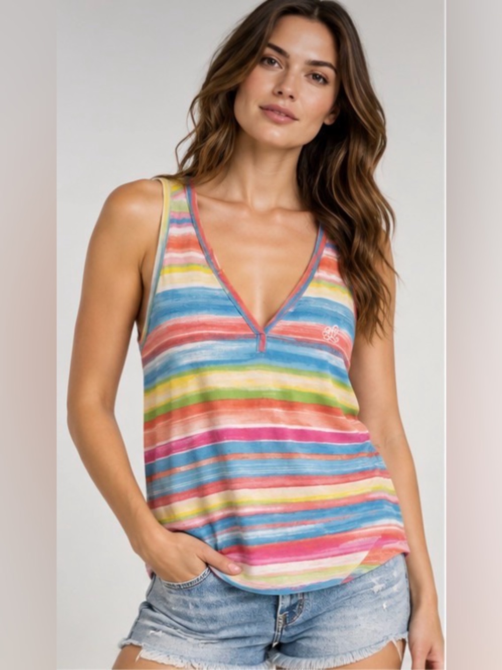 Lauren Ralph Lauren Rainbow Striped V-Neck Tank Top